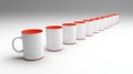 A row of identical white mugs with red lids. Royalty Free Stock Photo