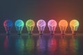 A row of illuminated light bulbs, each containing a glowing image of a human brain, casts colorful reflections on a dark Royalty Free Stock Photo