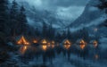 Row of illuminated tents are reflected in the lake at night Royalty Free Stock Photo