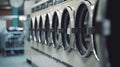 Row of industrial laundry machines generative AI Royalty Free Stock Photo