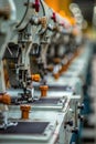 Row of industrial sewing machines in a factory setting Royalty Free Stock Photo