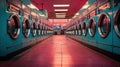 A row of industrial washing machines in a laundry room. Created with Generative Ai technology Royalty Free Stock Photo