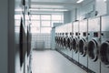 A row of industrial washing machines in a laundry room. Generative AI Royalty Free Stock Photo