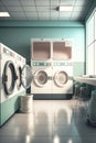 Row of industrial washing machines in a public laundromat