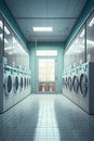 Row of industrial washing machines in a public laundromat