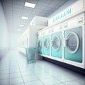 Row of industrial washing machines in a public laundromat