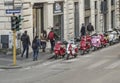 A row of Italian scooters Vespa in the streets of Rome in Italy. Royalty Free Stock Photo