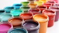 A row of jars filled with different colored paints and a white background, AI Royalty Free Stock Photo
