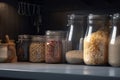 A row of jars filled with different types of grains and grains of rice next to a bowl of cereal and a wooden spoon on a Royalty Free Stock Photo
