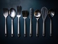 A row of kitchen utensils on a table. Generative AI image. Royalty Free Stock Photo
