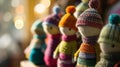 A row of knitted dolls in different colors and sizes, AI