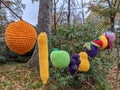 A row of knitted fruit hanging on a line Royalty Free Stock Photo