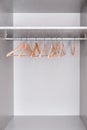 Row of lacquered wooden light hangers for clothes hangs in wardrobe on metal rod. There`s empty shelf on top. Accessories made of