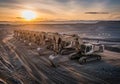 A row of large excavators is lined up in an open-pit mining site Royalty Free Stock Photo