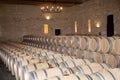 Large French Oak Wine Barrels in Winery Cellar in Bordeaux France