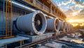 Industrial cooling system with large fans at sunset Royalty Free Stock Photo