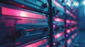 A row of large metal cabinets with red and blue lights, AI Royalty Free Stock Photo