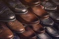 Row of leather mens shoe toes. Racks of mens shoes in store, boutique, shopping mall. Royalty Free Stock Photo