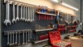 In a row on the left with screwdrivers and other hand tools arranged on Royalty Free Stock Photo