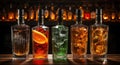 A row of liquor bottles filled with different types of alcohol. Generative AI image.