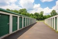 row of locked rental storage units in a facility