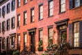 Row of  brick and brownstone New York City apartments seen from outside. Royalty Free Stock Photo