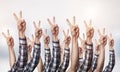 Row of man hands showing victory gesture Royalty Free Stock Photo