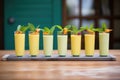 a row of mango lassi glasses, each with a different garnish: nuts, mint, saffron