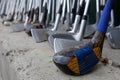 Row of Many Old Used Golf Clubs for Sport Royalty Free Stock Photo