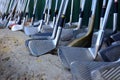 Row of Many Old Used Golf Clubs for Sport Royalty Free Stock Photo