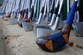Row of Many Old Used Golf Clubs for Sport Royalty Free Stock Photo
