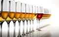 Row of many white wine glasses, with a red one. Royalty Free Stock Photo