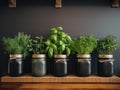 A row of mason jars filled with herbs. AI generative image.
