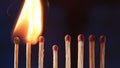 A row of matches where two burning matches pass their fire to the next. Cascade of flame, transfer of energy. Macro shot