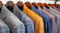 Row of men suit jackets on hangers in different colors.Generative AI Royalty Free Stock Photo