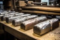 a row of metal ingots ready for melting and casting