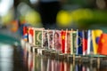 A Row of Miniature Flags on a Table, A parade of currencies with different country flags growing in size to indicate global Royalty Free Stock Photo