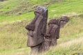 Row of Moai Sculpture Heads at Green Hillside of Rano Raraku