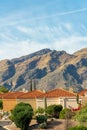 Row of modern adobe style houses with red roof tiles and beige and brown stucco exteriors with front yard desert plants Royalty Free Stock Photo