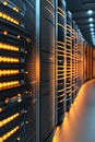 Row of modern data servers with glowing orange lights, representing fintech innovation and digital infrastructure. Royalty Free Stock Photo