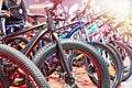 Modern mountain bikes in shop