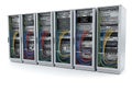A row of modern server racks filled with complex wiring and electronic components in a clean environment Royalty Free Stock Photo