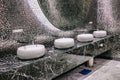 Row of modern white ceramic with mirrors wash basin in public toilet or restaurant or hotel or shopping mall