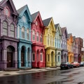 Row of multi-colored houses on a rainy day in a futuristic victorian style