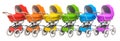 Row from multicolored baby prams or strollers, 3D rendering
