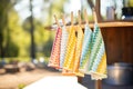 row of multicolored dishcloths catching sunbeams Royalty Free Stock Photo