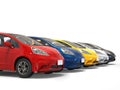 Row of multicolored modern compact electric cars