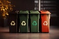 Row of multicolored trash cans with recycle symbols on them. Eco recycling concept. AI generated