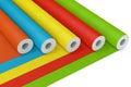 Row of Multicolour Paperhanging Wallpaper Paper Rolls. 3d Rendering