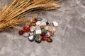 Row of multicoloured healing crystals. Various healing stones.